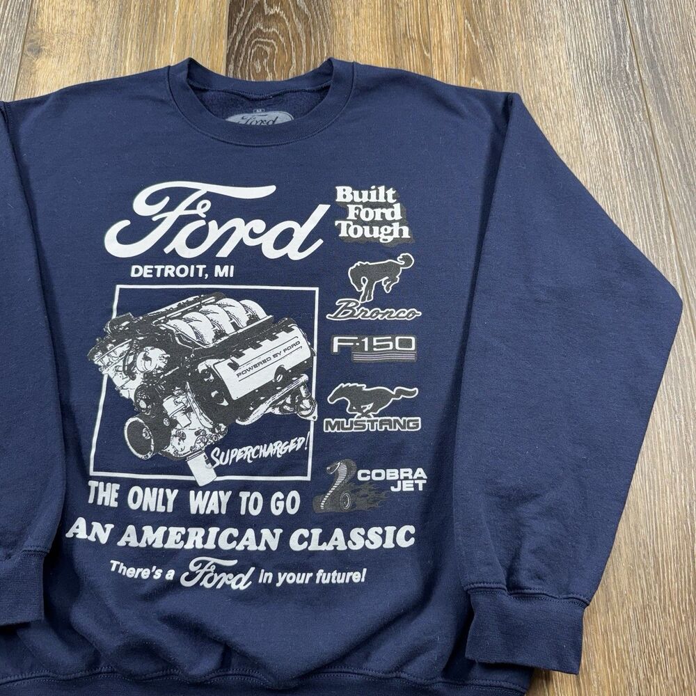 Ford Sweatshirt Mens M Blue Truck Bronco Mustang Cobra Engine Racing Sweater